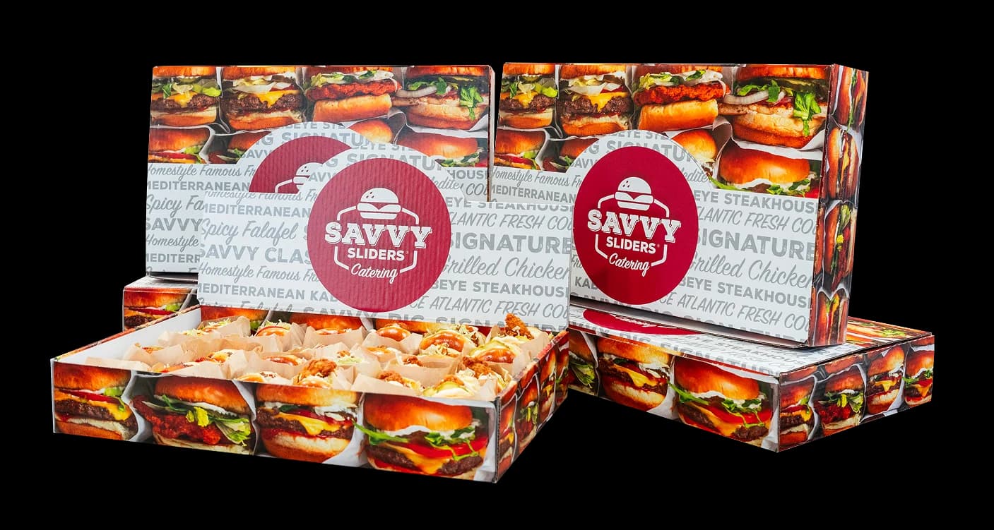 Savvy Sliders catering boxes filled with delicious sliders